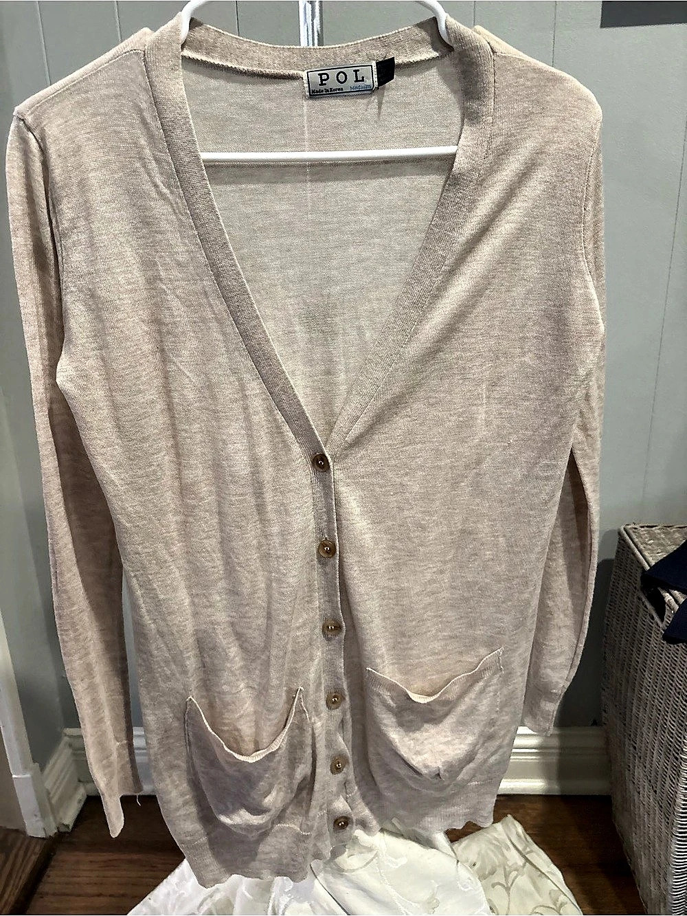POL 100% Cotton Button-Front Cardigan in Beige